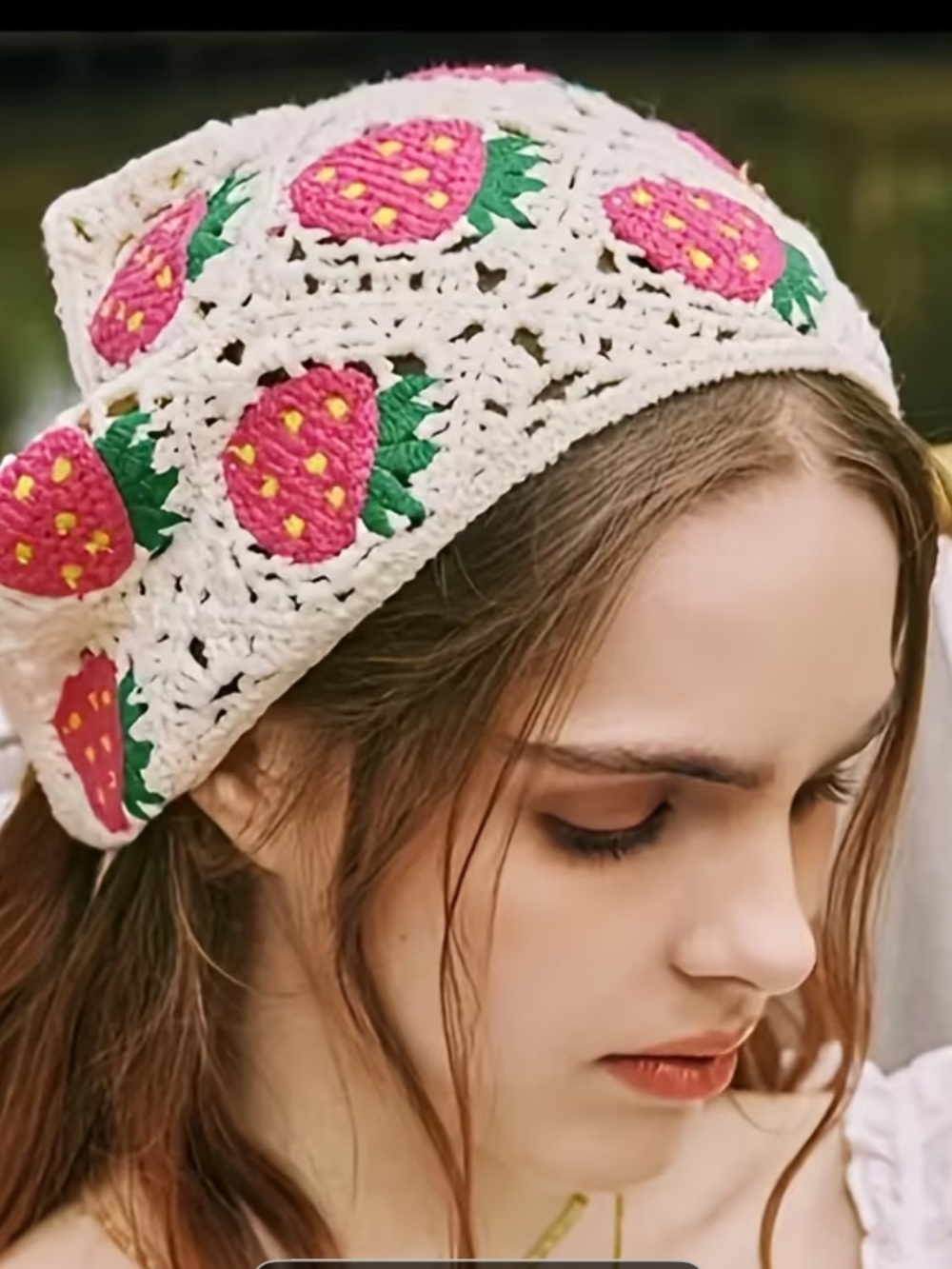 Crochet Strawberry Beanie Hat - White with Pink Strawberries